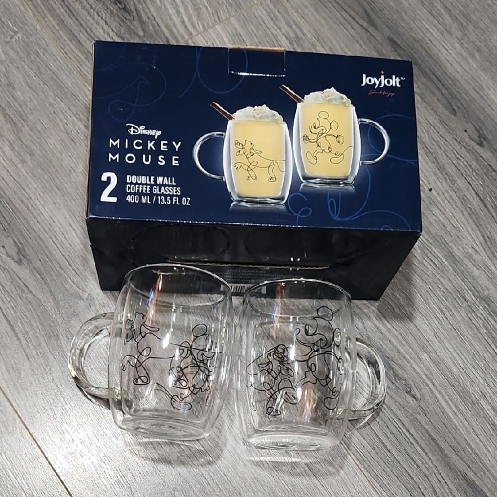 NIB Disney Double Wall Clear Mickey & Pluto Glass Mugs